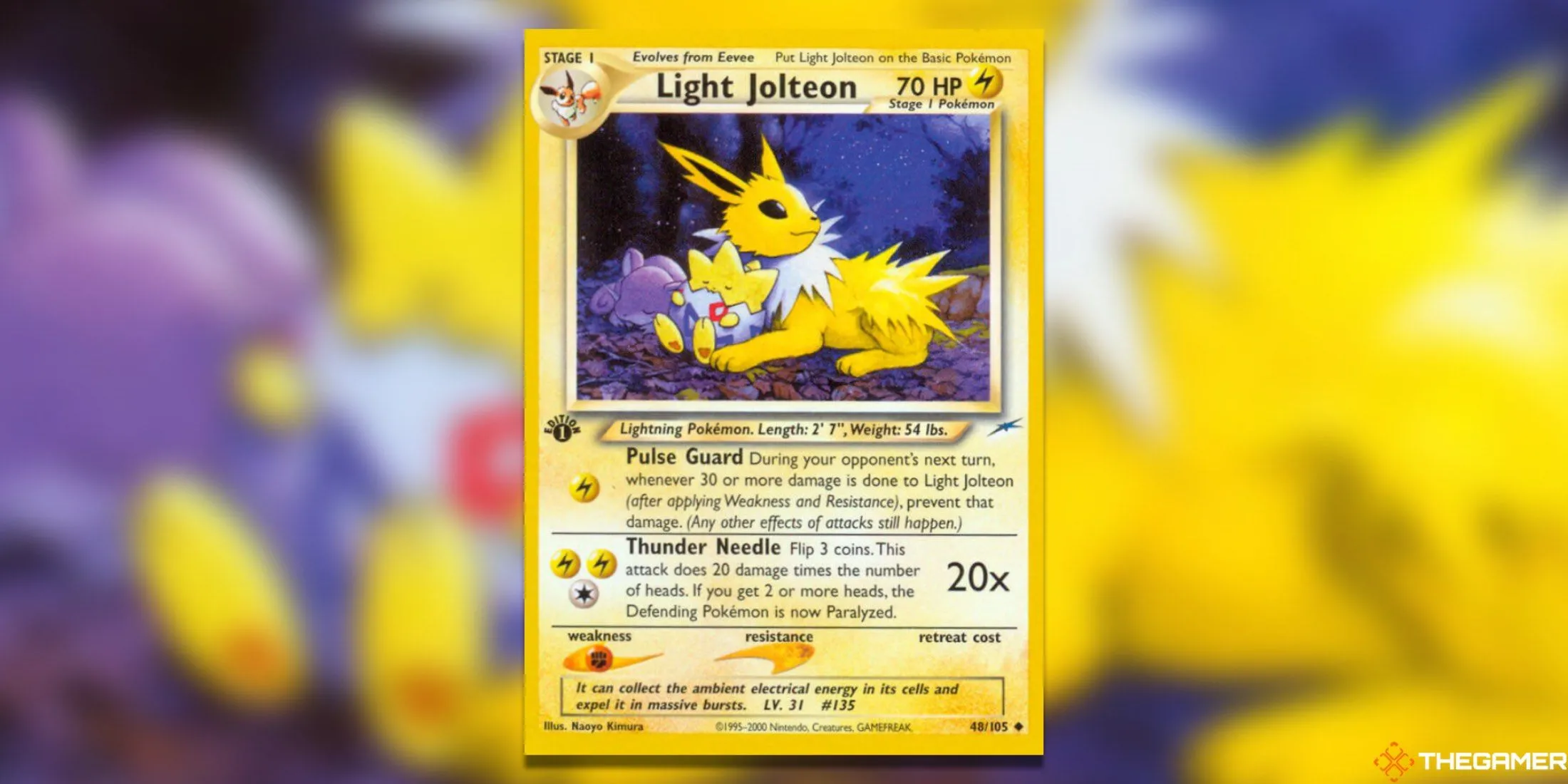 Thẻ bài Light Jolteon First Edition từ bộ Neo Destiny Pokemon TCG, nổi bật với sự góp mặt đáng yêu của Togepi và giá trị sưu tầm cao.