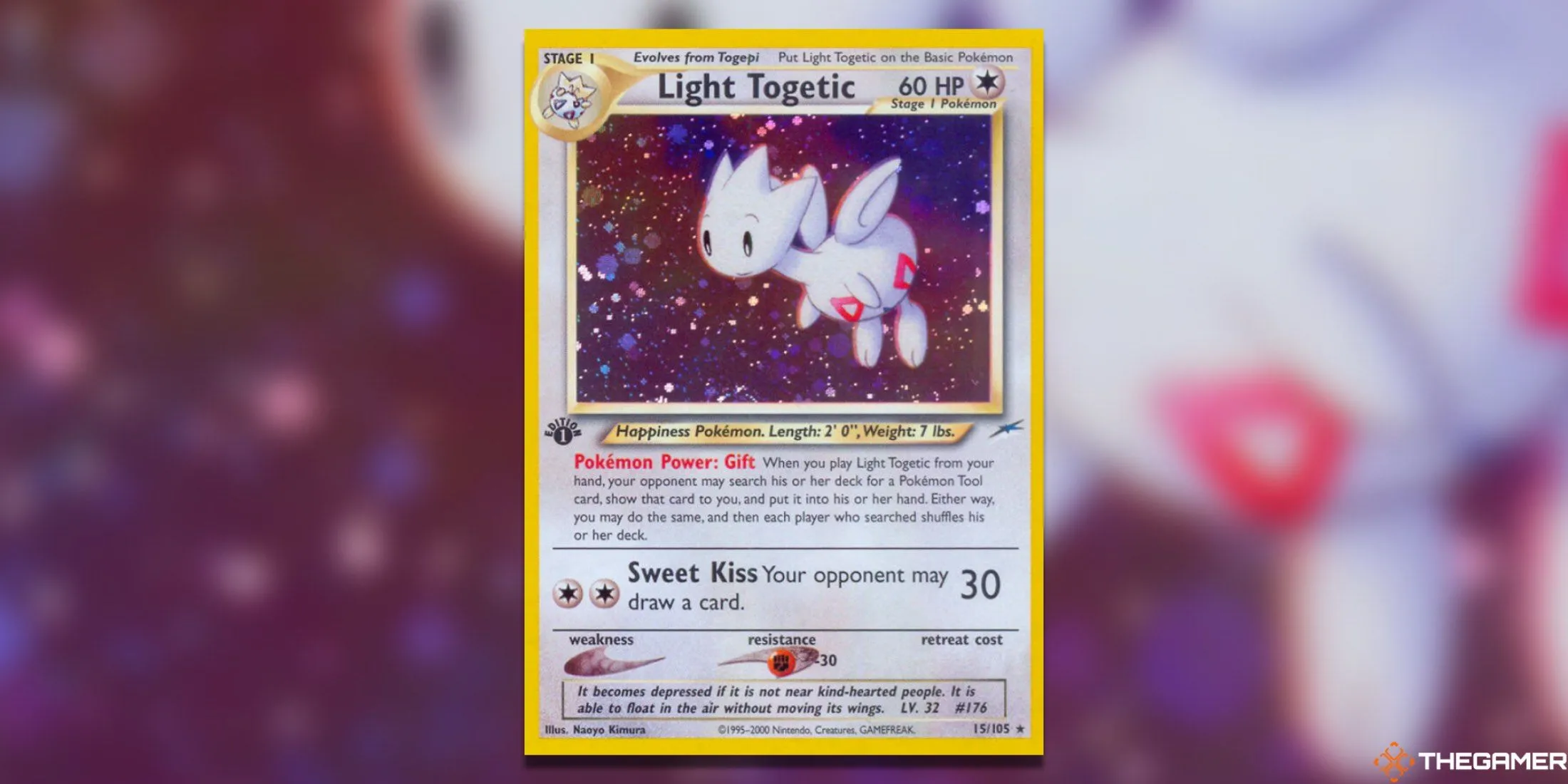 Thẻ bài Light Togetic Holo Rare First Edition từ bộ Neo Destiny Pokemon TCG, với artwork đáng yêu và tiềm năng có hiệu ứng swirl pattern.