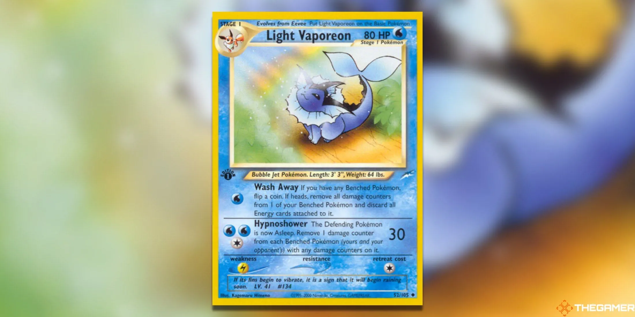 Thẻ bài Light Vaporeon First Edition từ bộ Neo Destiny Pokemon TCG, thể hiện vẻ đẹp thanh bình và hiệu ứng cầu vồng độc đáo.
