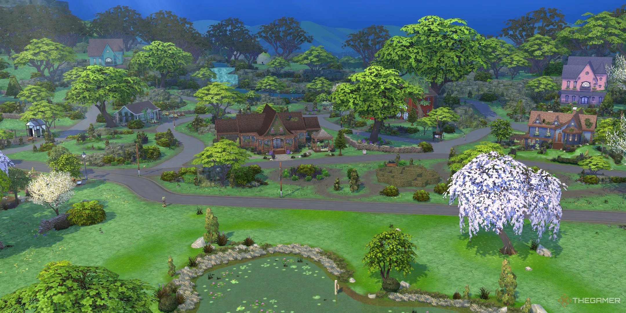 Toàn cảnh khu phố Sprucederry Grove yên bình trong The Sims 4 Enchanted By Nature.