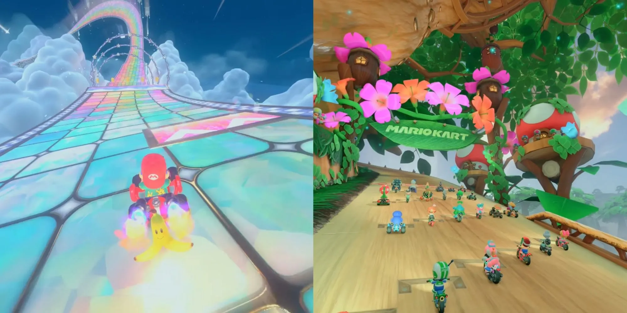 Tổng quan các đường đua tương lai trong Mario Kart World, nổi bật với hệ thống đường ray và tường trượt mới mẻ