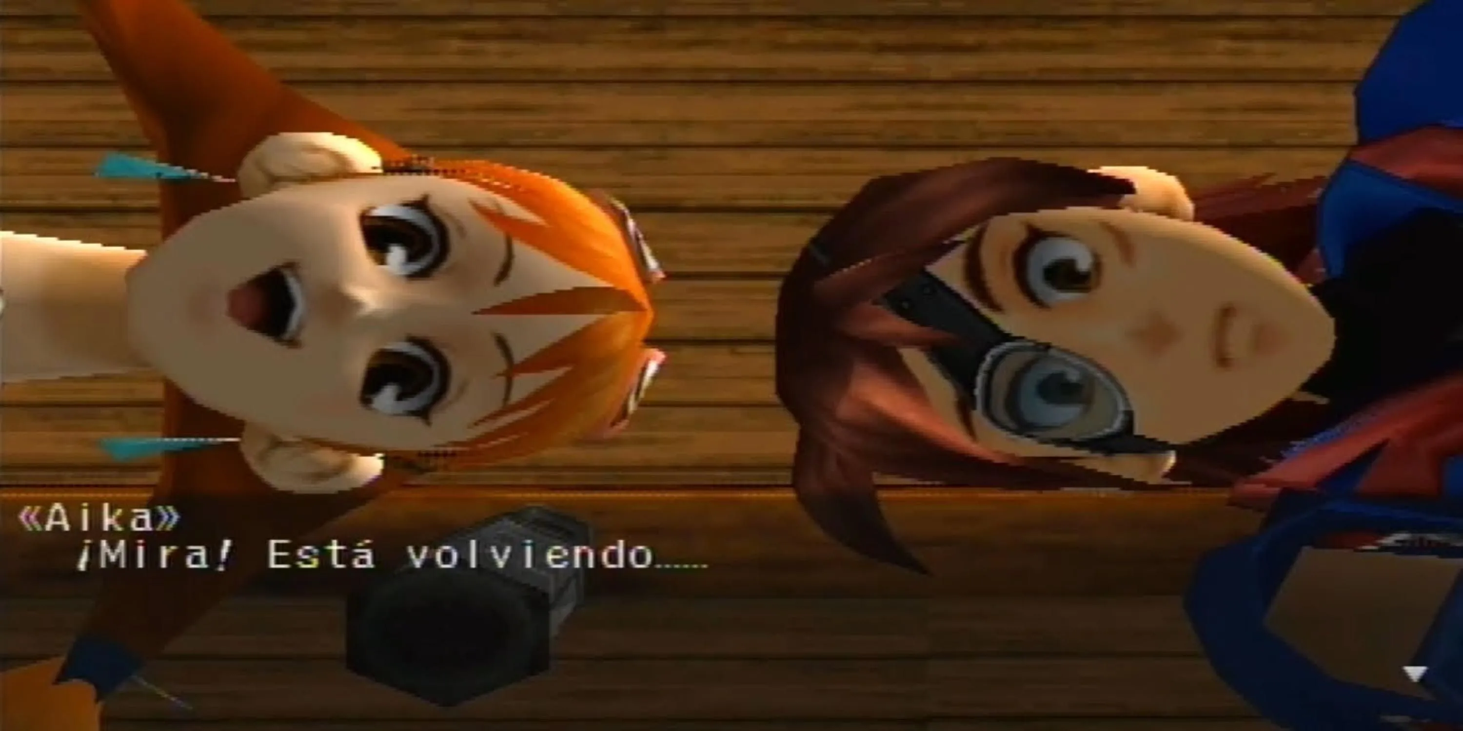 Vyse và Aika trong Skies of Arcadia Legends nhìn xuống từ phi thuyền, tượng trưng cho hành trình phiêu lưu trên không trung.