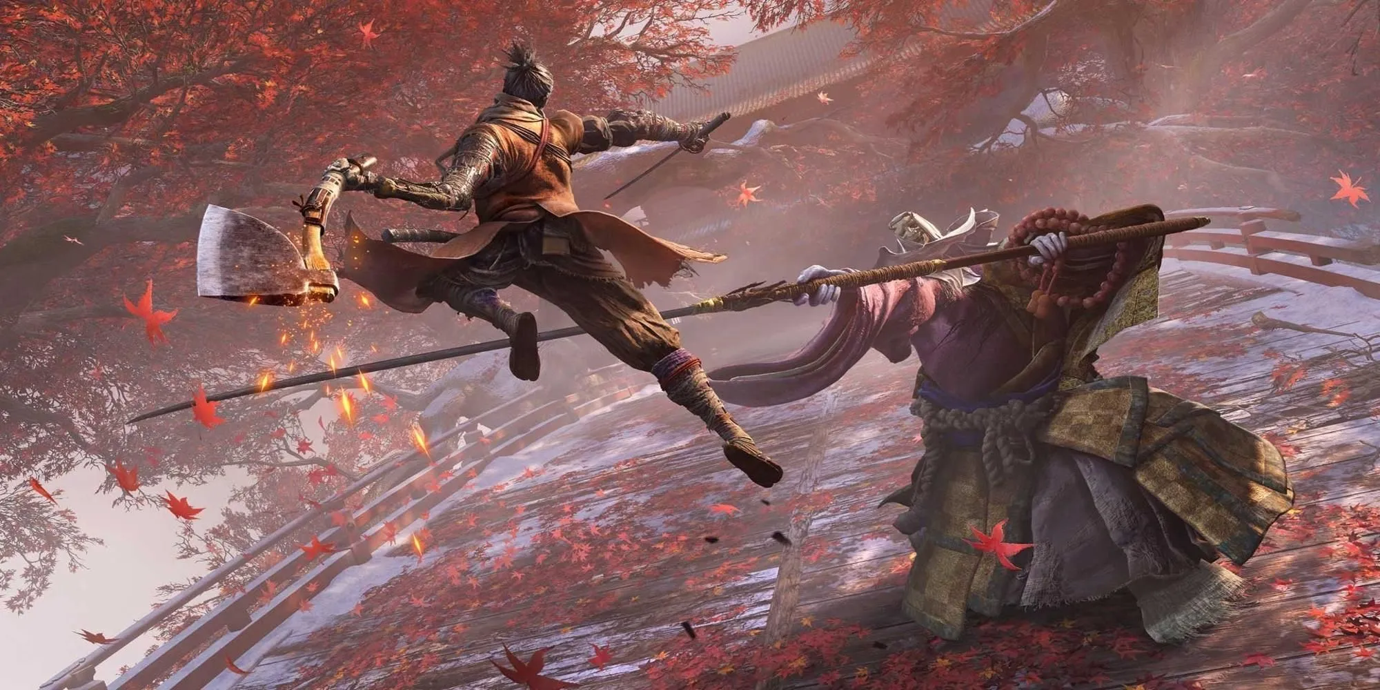 Wolf đối đầu với True Corrupted Monk, thể hiện lối chiến đấu kiếm thuật tốc độ và đòi hỏi kỹ năng cao của Sekiro: Shadows Die Twice.