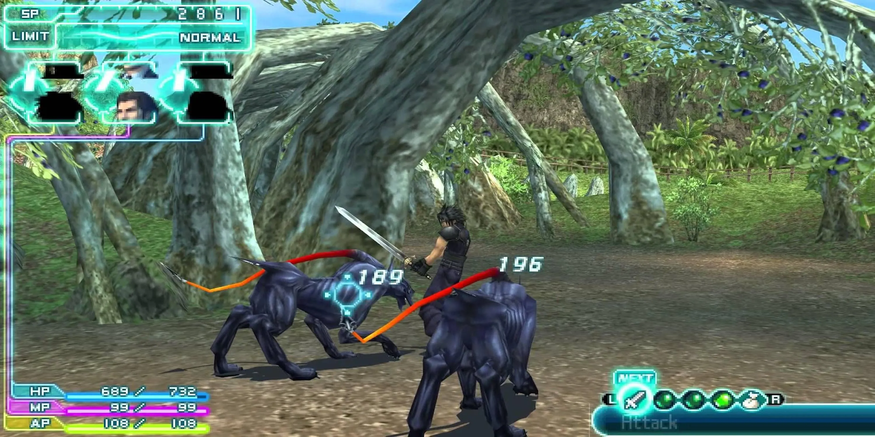 Zack Fair chiến đấu với kẻ thù giống chó trong Crisis Core: Final Fantasy VII trên PSP, minh họa hệ thống chiến đấu hành động kịch tính