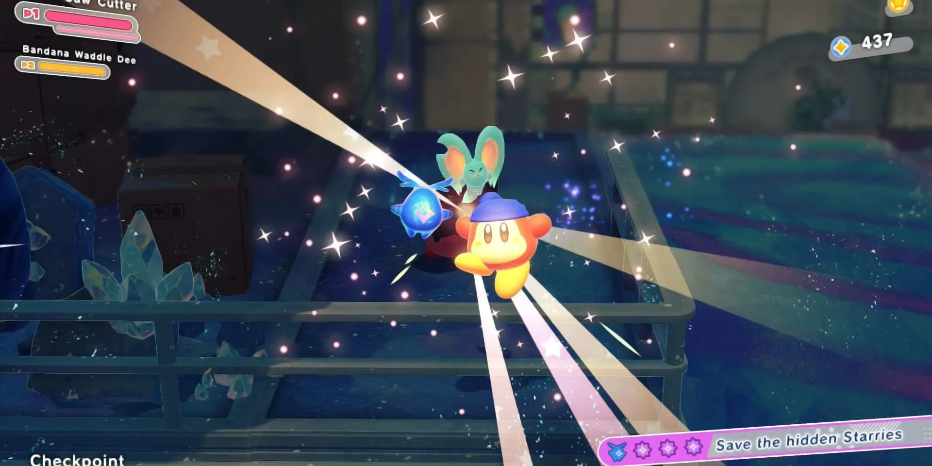 Bandana Dee giải cứu một Starry bị mắc kẹt, minh họa cho lore mới trong Kirby Star-Crossed World
