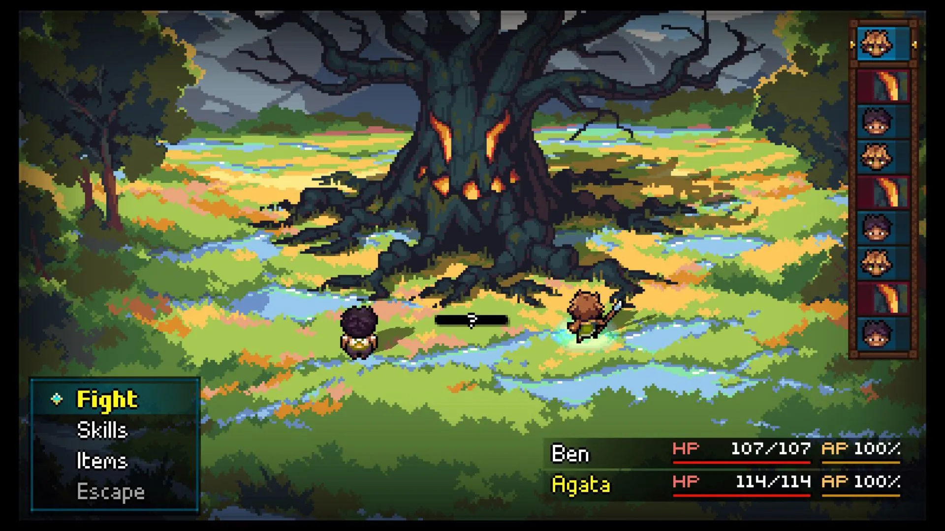 Ben chiến đấu với một con boss cây khổng lồ trong game Quartet, thể hiện phong cách chiến đấu JRPG cổ điển
