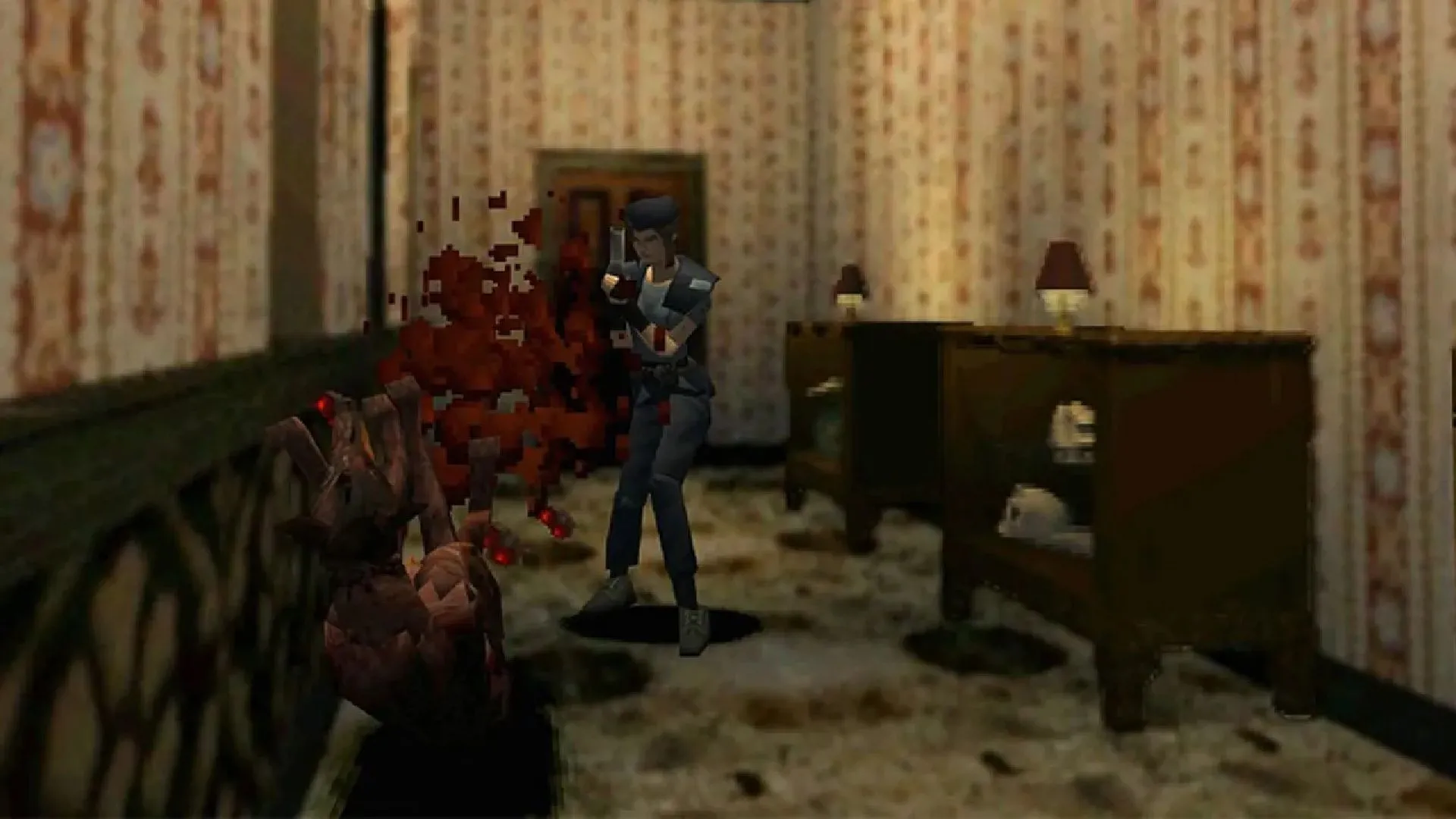 Biệt thự Spencer trong Resident Evil 1996, nơi khởi nguồn của dòng game kinh dị sinh tồn huyền thoại, với đồ họa PS1 đặc trưng.