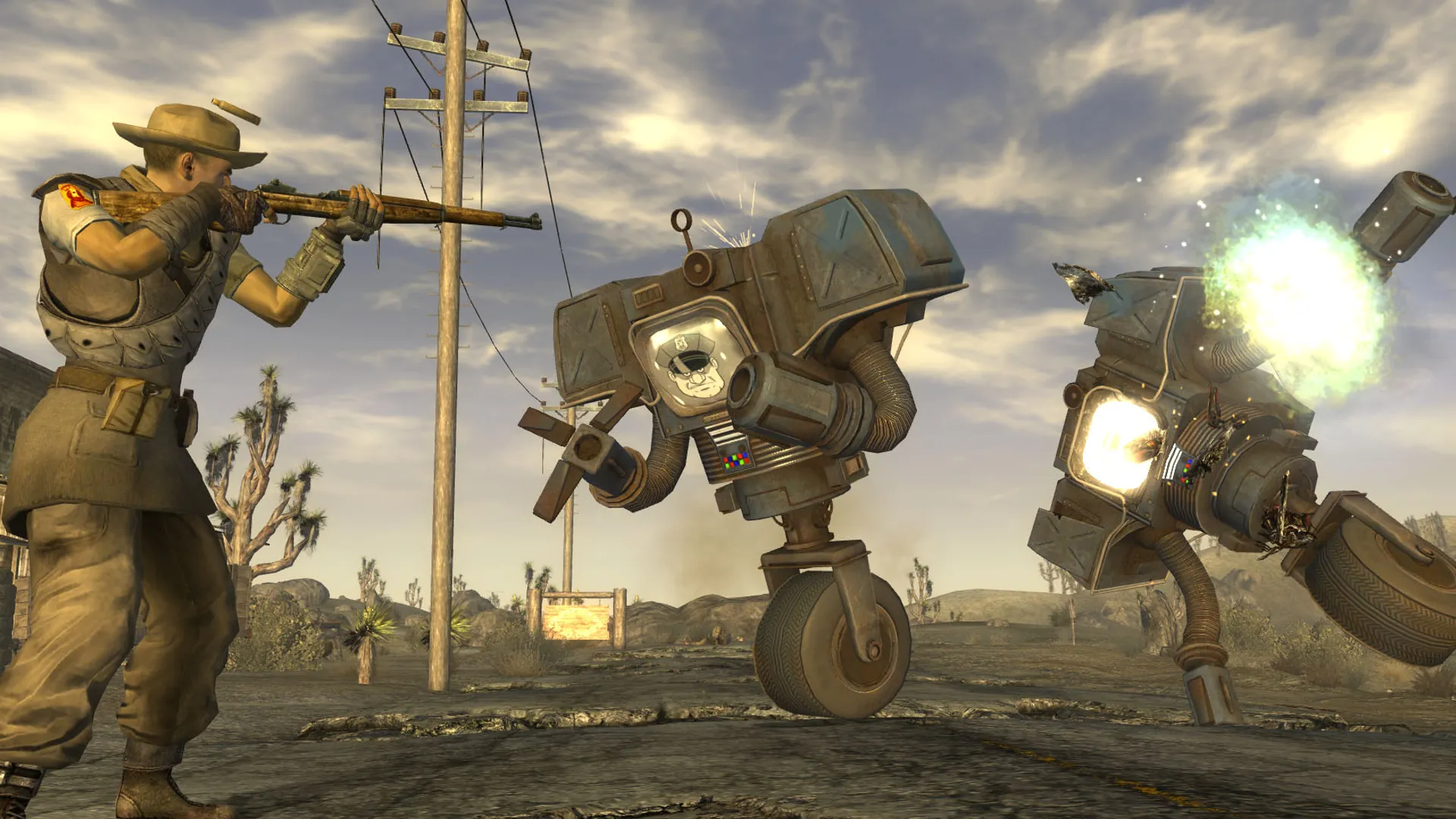 Cảnh chiến đấu chống lại các robot Securitron trong thế giới hậu tận thế của Fallout: New Vegas