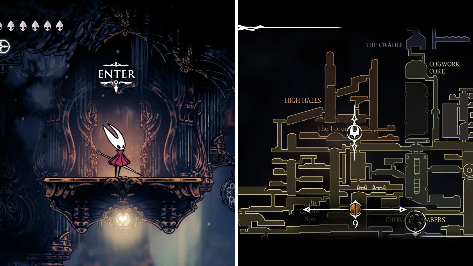 Cánh cửa khóa nằm ở High Halls trong Hollow Knight Silksong, gần điểm nghỉ chân, mở ra kho báu