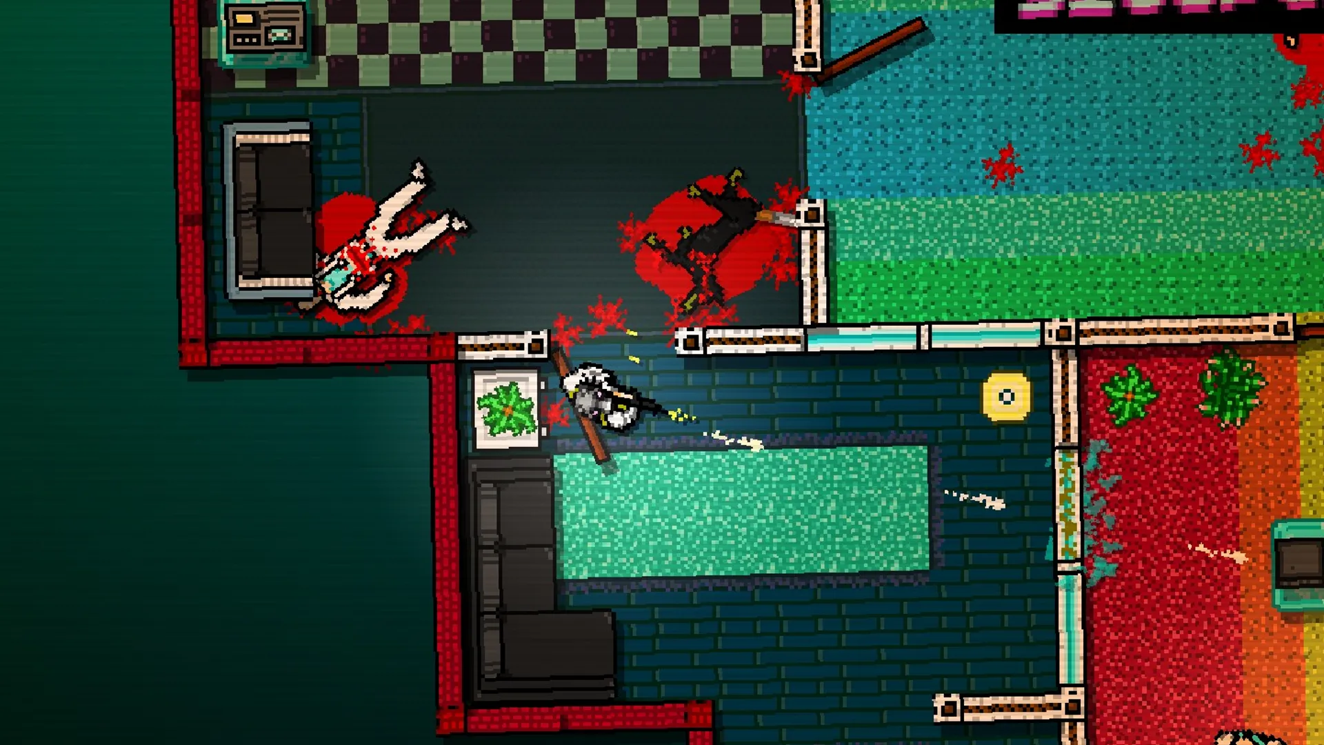 Cảnh gameplay góc nhìn từ trên xuống đầy bạo lực và màu neon trong Hotline Miami
