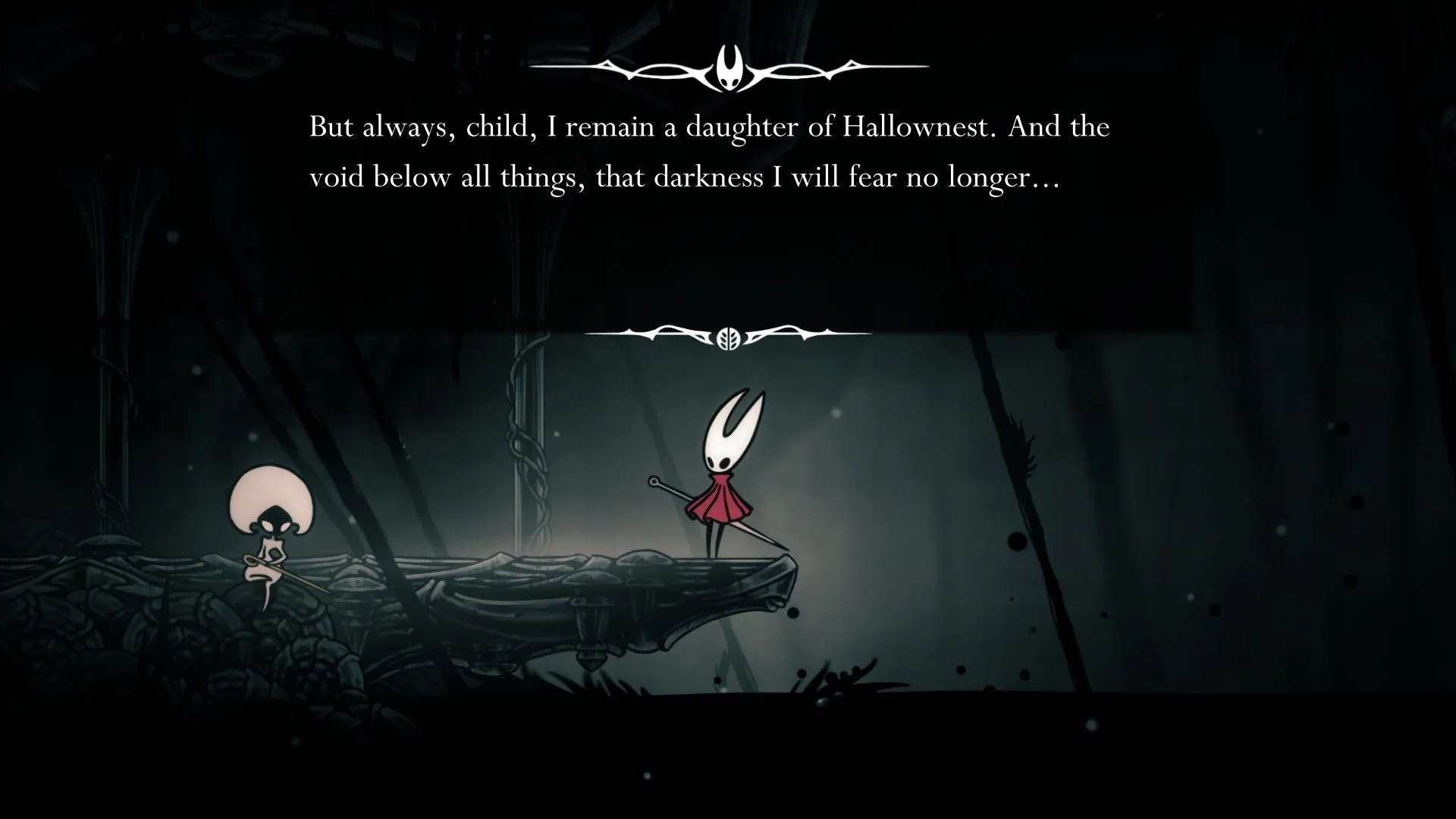 Đoạn hội thoại 'Daughter of Hallownest' trong Hollow Knight Silksong, gợi ý cốt truyện sâu sắc.