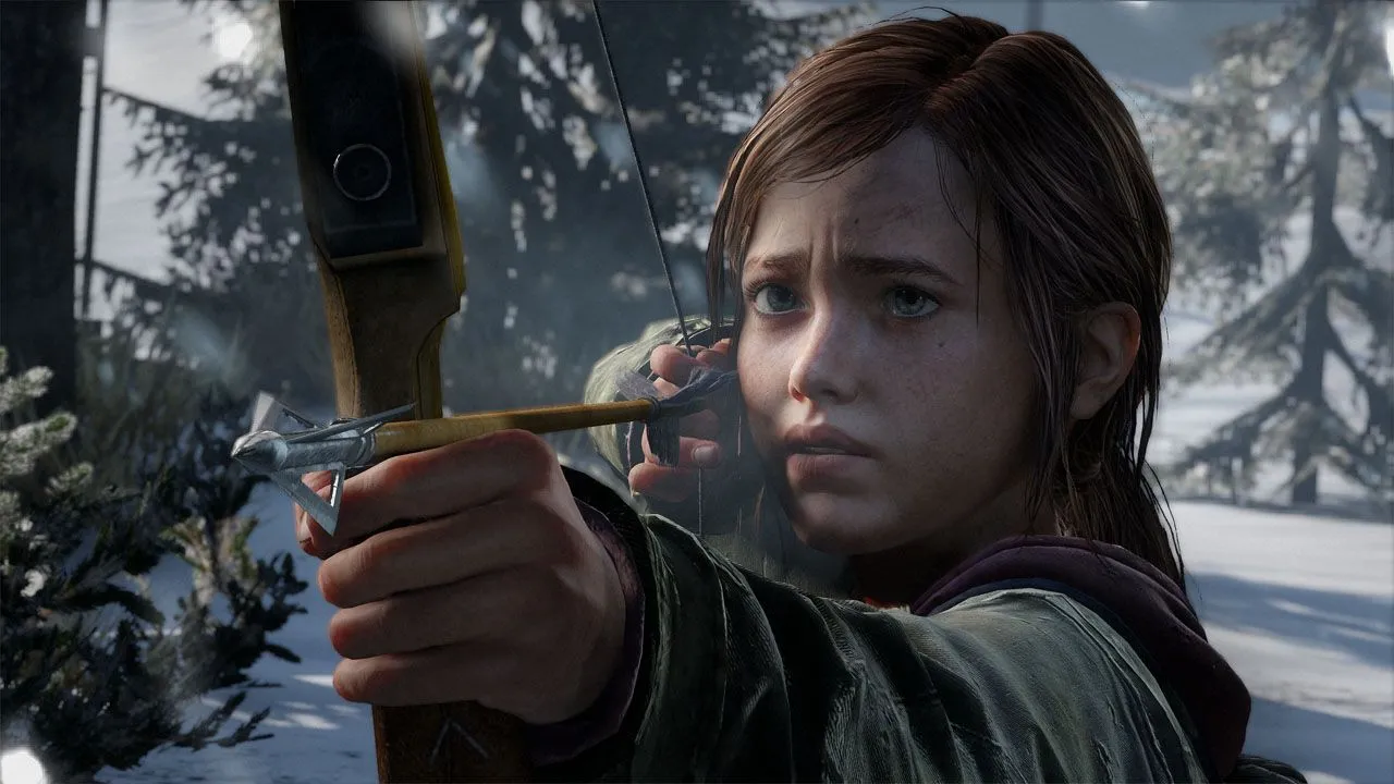 Ellie chuẩn bị cây cung trong bối cảnh mùa đông khắc nghiệt của The Last of Us, thể hiện cuộc chiến sinh tồn đầy cảm xúc.