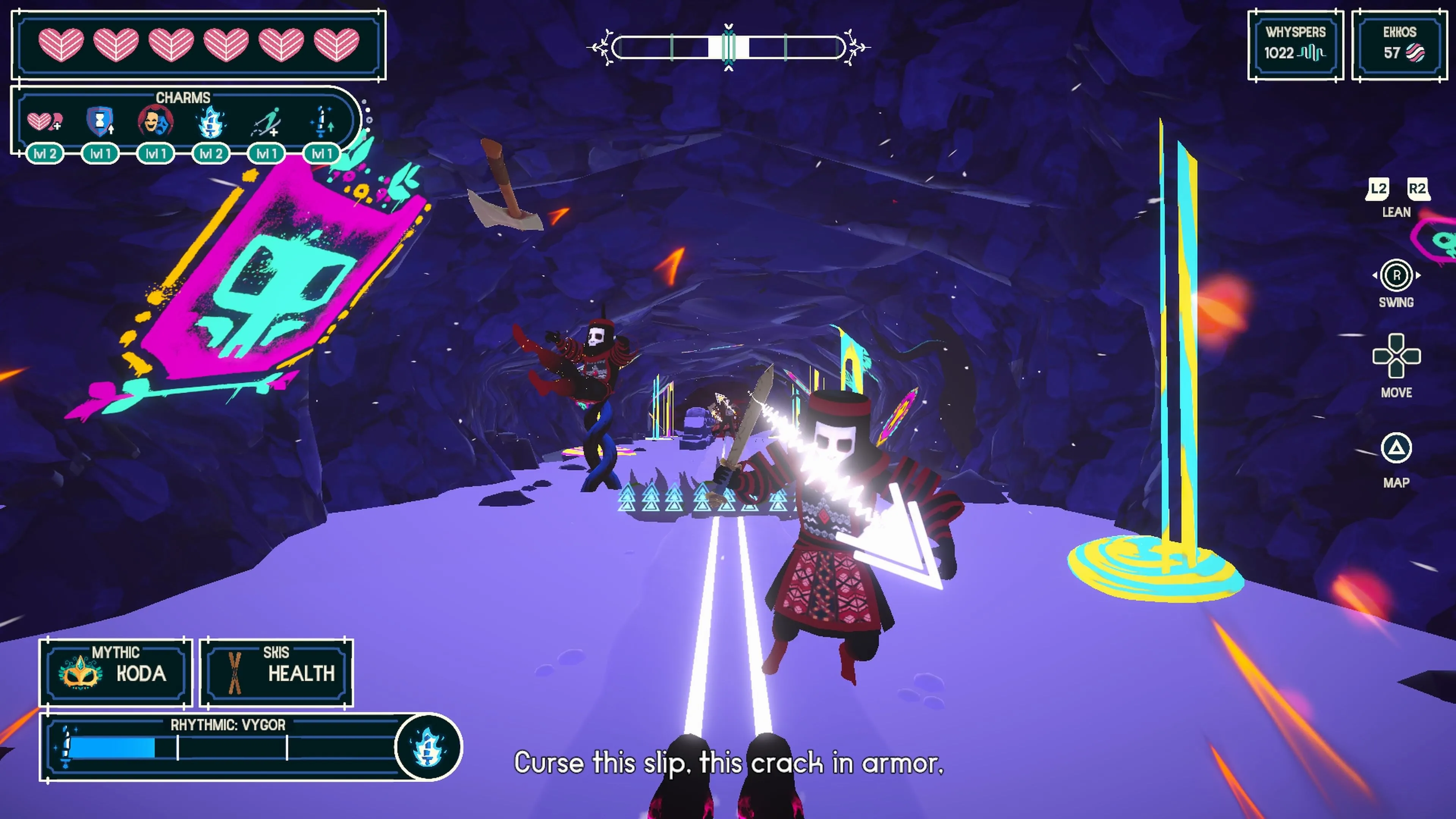 Gameplay hành động của Fresh Tracks, nhân vật dùng kiếm chiến đấu trên đường trượt tuyết.