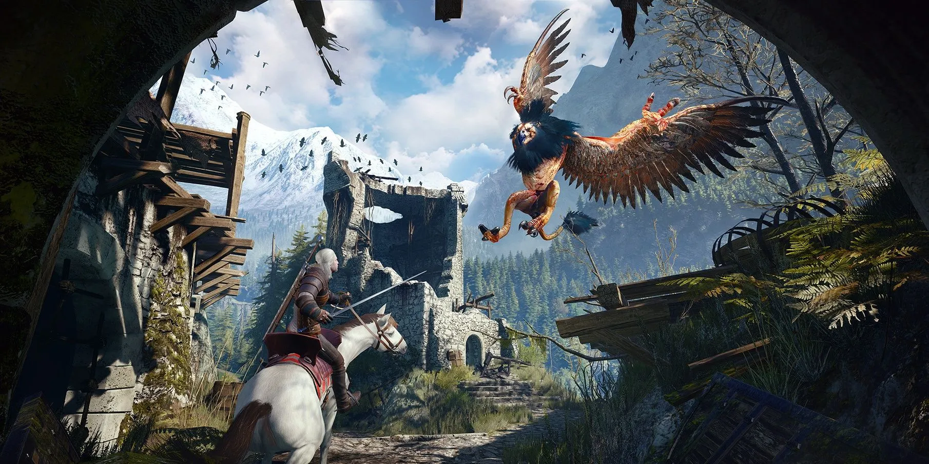 Geralt chiến đấu với quái vật trên lưng ngựa trong The Witcher 3, biểu tượng của tựa game nhập vai thế giới mở huyền thoại.