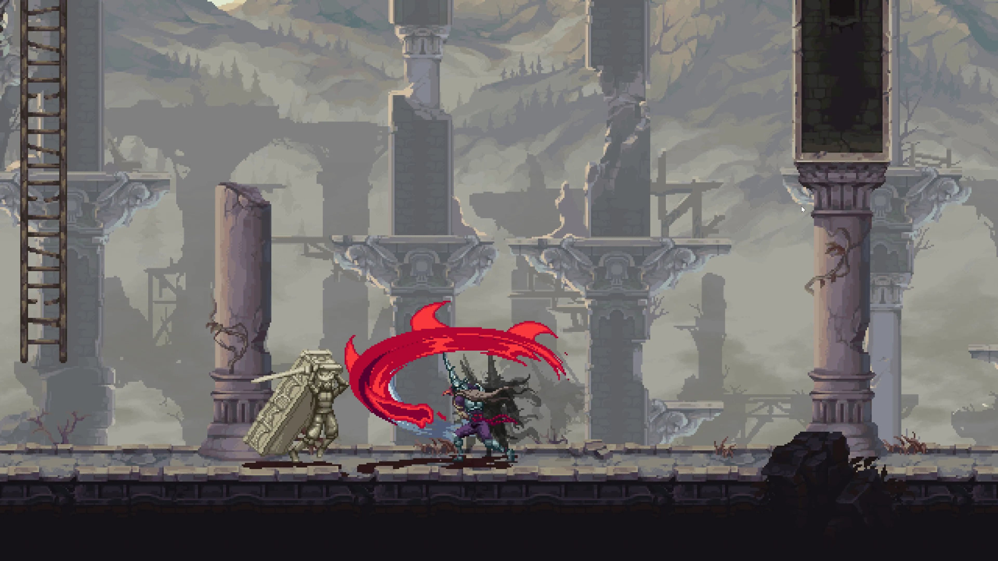 Giao diện chiến đấu u ám và chi tiết của Blasphemous 2, thể hiện phong cách nghệ thuật Metroidvania.
