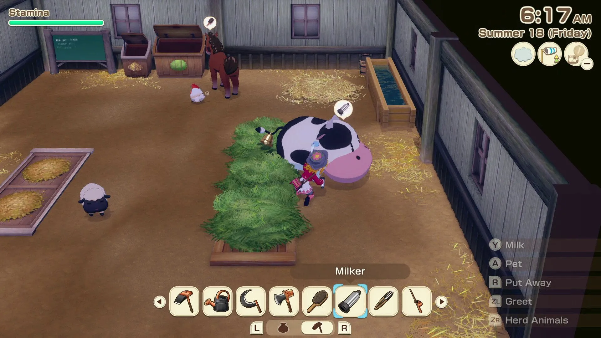 Giao diện chợ Bazaar trong Story of Seasons: Grand Bazaar với các quầy hàng đầy màu sắc và NPC đang giao dịch