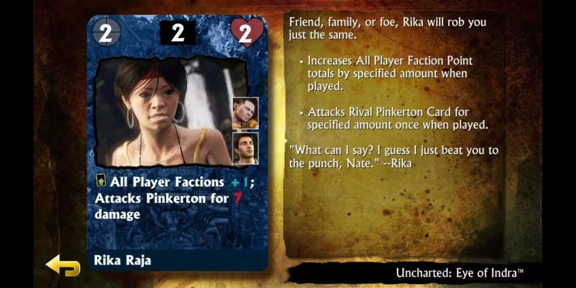 Giao diện game bài Uncharted: Fight For Fortune trên PS Vita, với các thẻ bài và hiệu ứng chiến đấu kỹ thuật số.