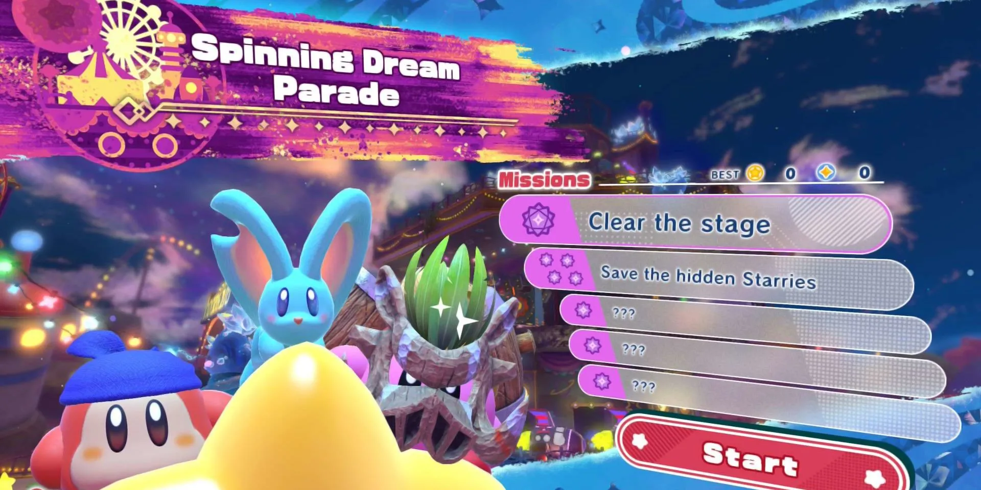 Giao diện mục tiêu nhiệm vụ ẩn trong Kirby Star-Crossed World, hiển thị một mục tiêu đã hoàn thành