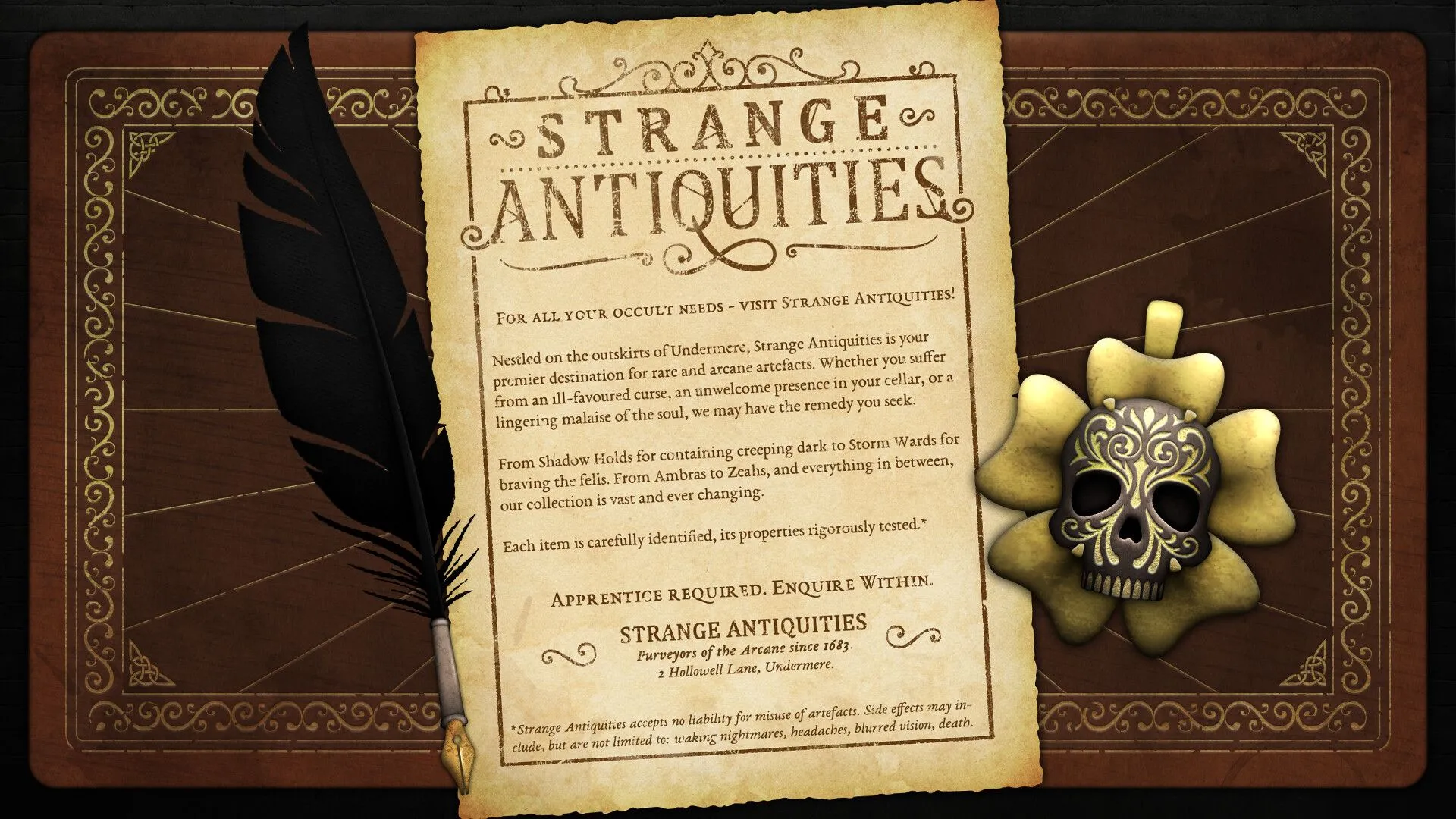 Giao diện người dùng trong Strange Antiquities hiển thị cửa hàng cổ vật và các vật phẩm game.