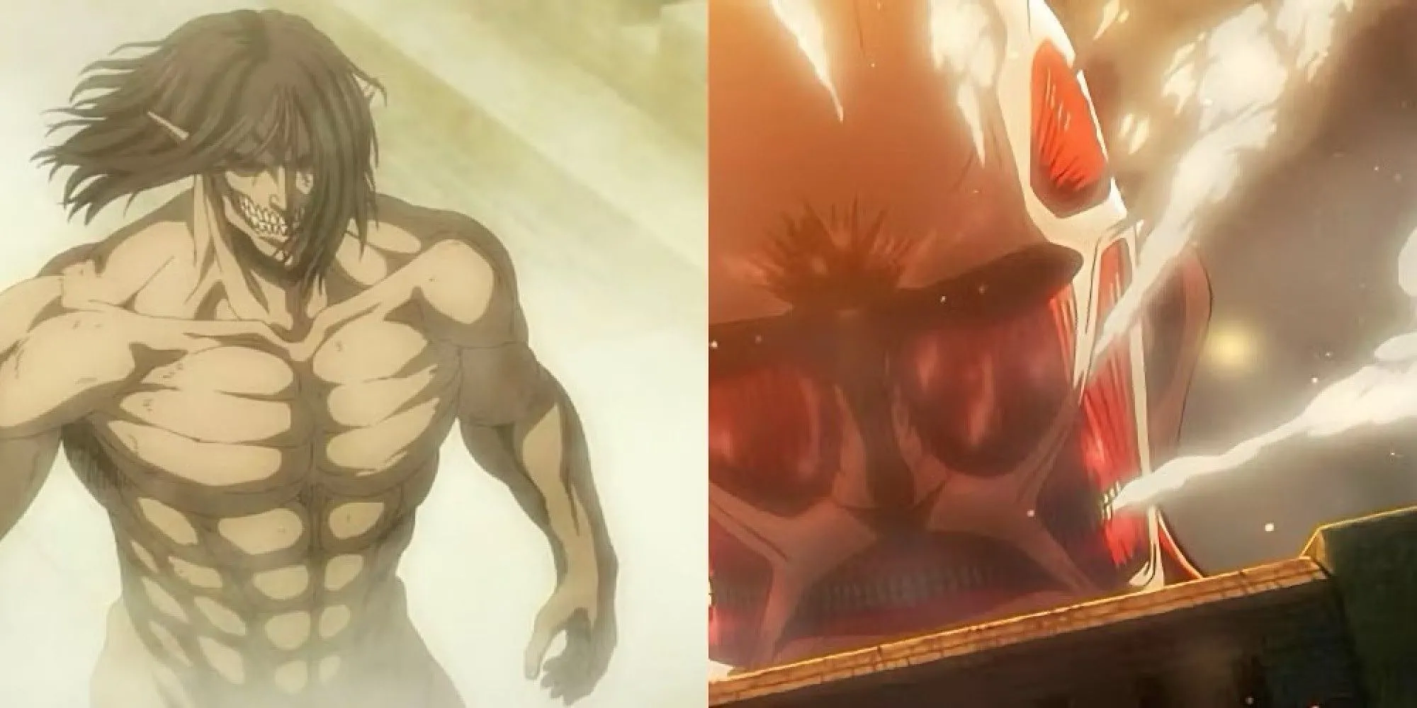 Hình ảnh chia đôi các Titan khổng lồ trong Attack on Titan, thể hiện sức mạnh và sự hỗn loạn của thế giới