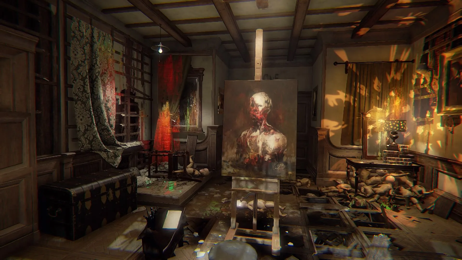 Không gian rùng rợn trong Layers of Fear, phản ánh tâm trạng của người họa sĩ, một ví dụ tiêu biểu cho game kinh dị dựa vào bầu không khí.