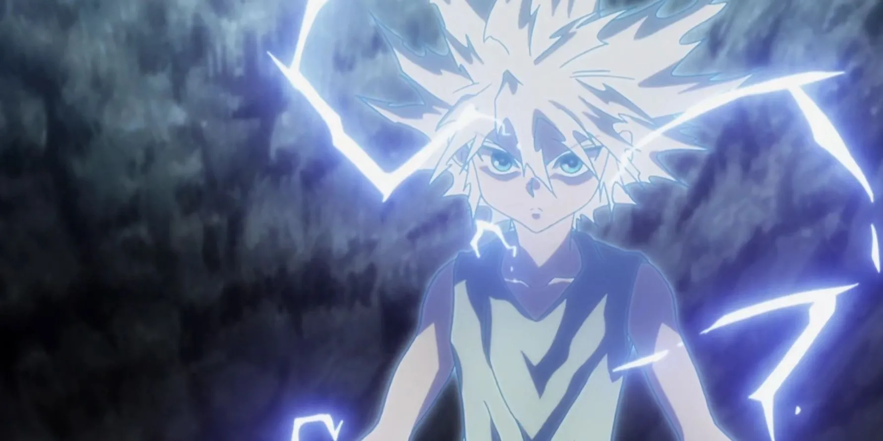 Killua Zoldyck với ánh mắt kiên định, thể hiện sự phát triển nhân vật