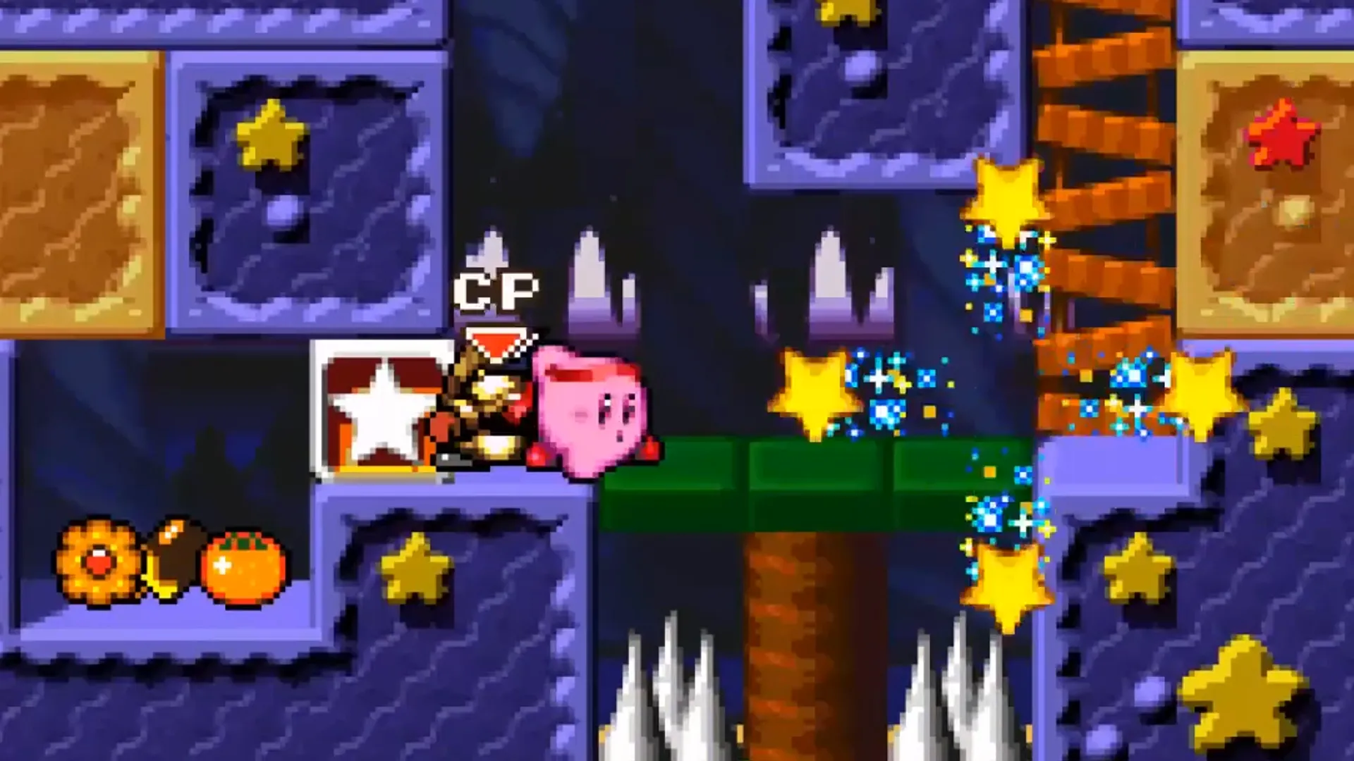 Kirby trong hình dạng Fighter Kirby thực hiện đòn tấn công vào kẻ thù trong Kirby Super Star