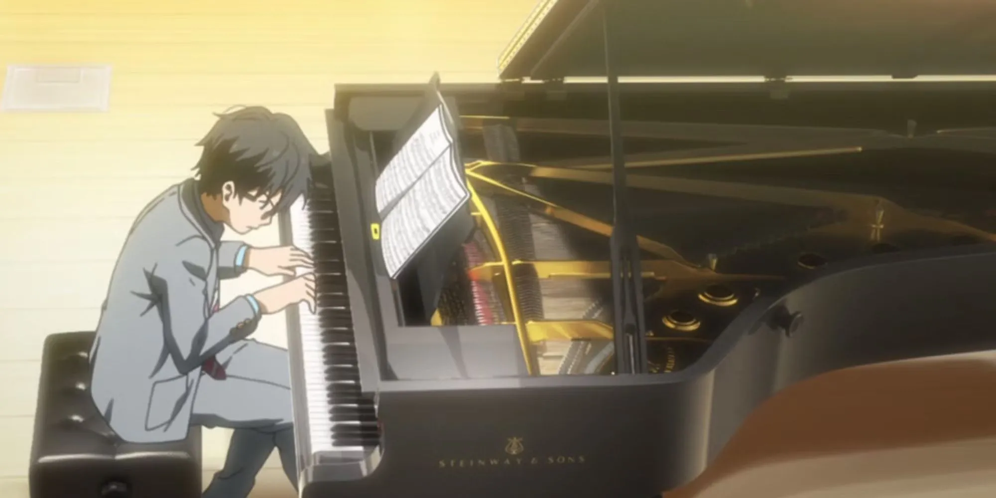 Kousei Arima biểu diễn piano trong Your Lie in April, vượt qua nỗi sợ và chấn thương tâm lý.