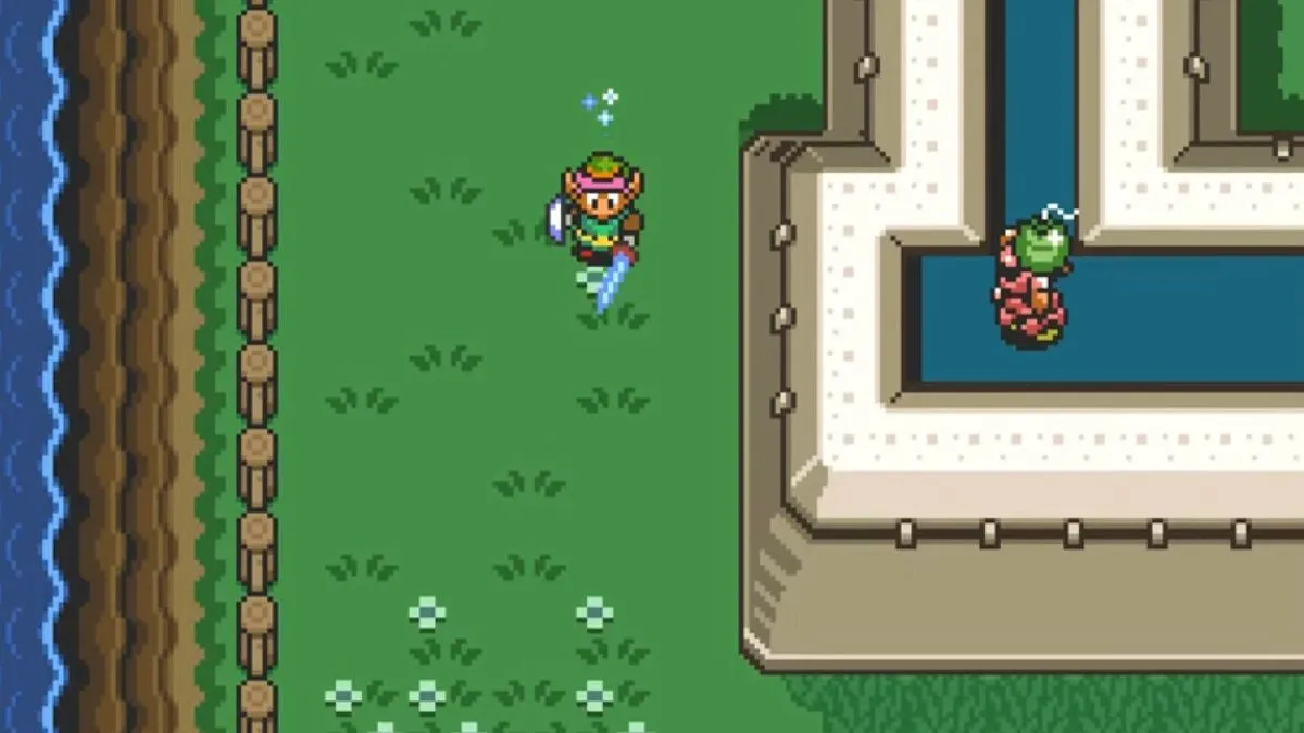 Link chạy nước rút với thanh kiếm đã rút ra trong The Legend Of Zelda: A Link To The Past