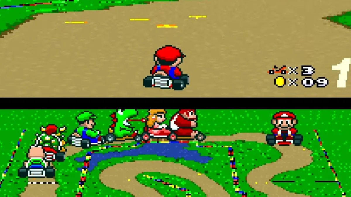Luigi và Mario đang đua xe kart trên đường đua của Super Mario Kart, thể hiện công nghệ Mode 7