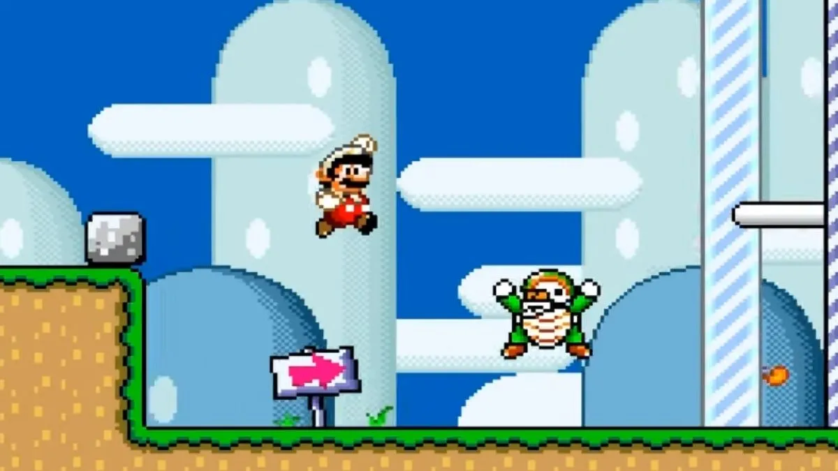 Mario với chiếc áo choàng Super Cape bay lượn trên thế giới đầy màu sắc của Super Mario World