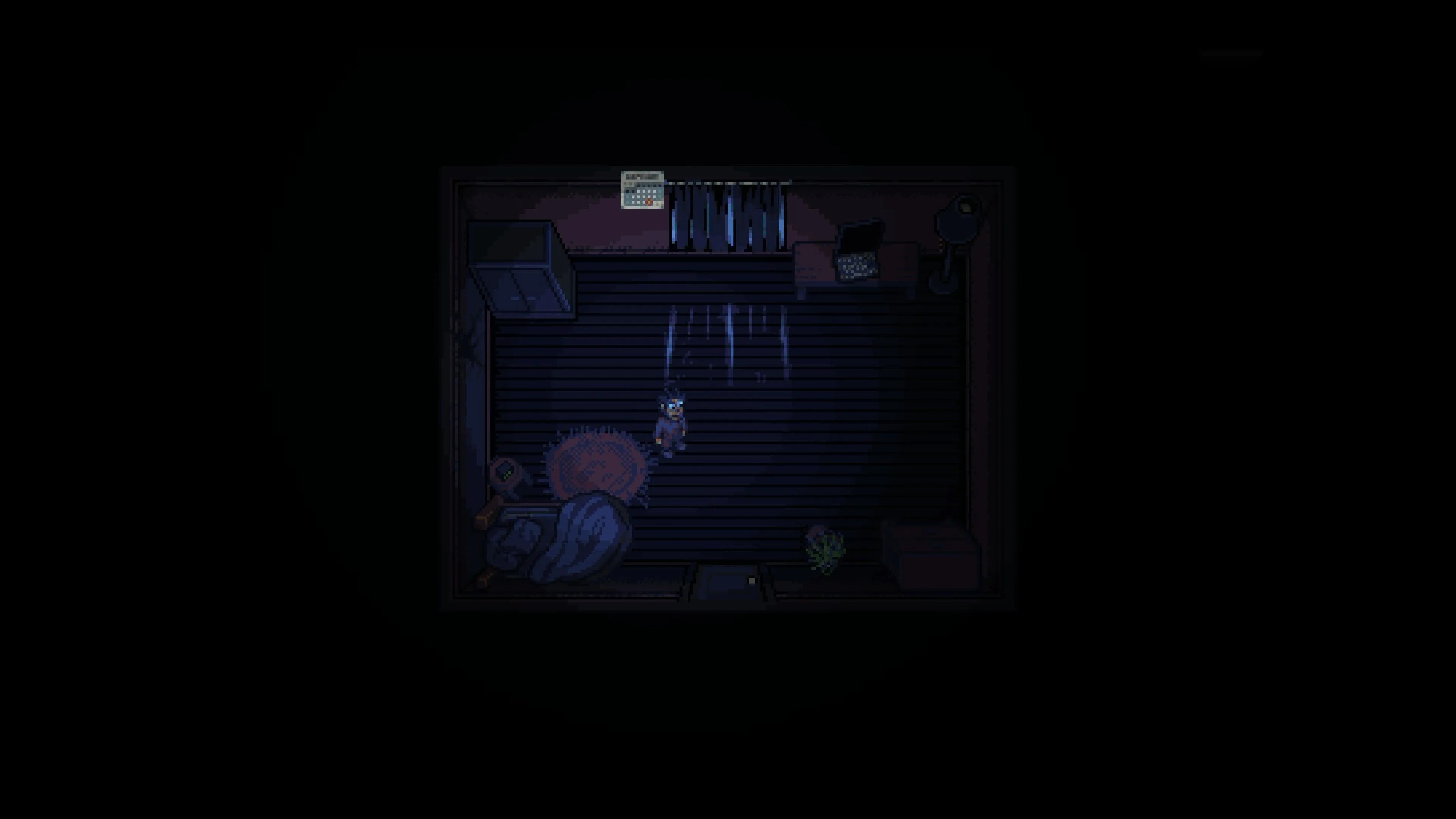 Nhân vật chính của game kinh dị sinh tồn Look Outside trong một căn phòng u ám
