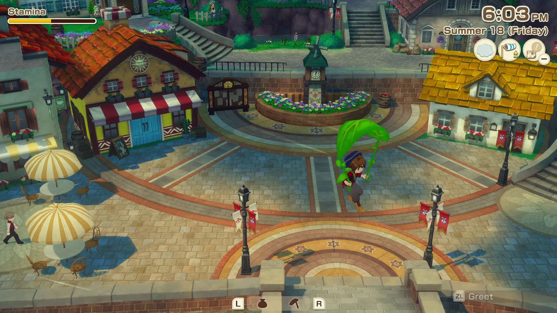 Nhân vật Story of Seasons: Grand Bazaar đang tương tác với gà Raimundo và các vật nuôi khác trong chuồng, nhấn mạnh yếu tố chăn nuôi
