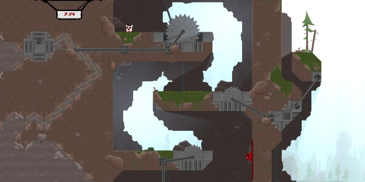 Nhân vật Super Meat Boy vượt qua chướng ngại vật cực khó