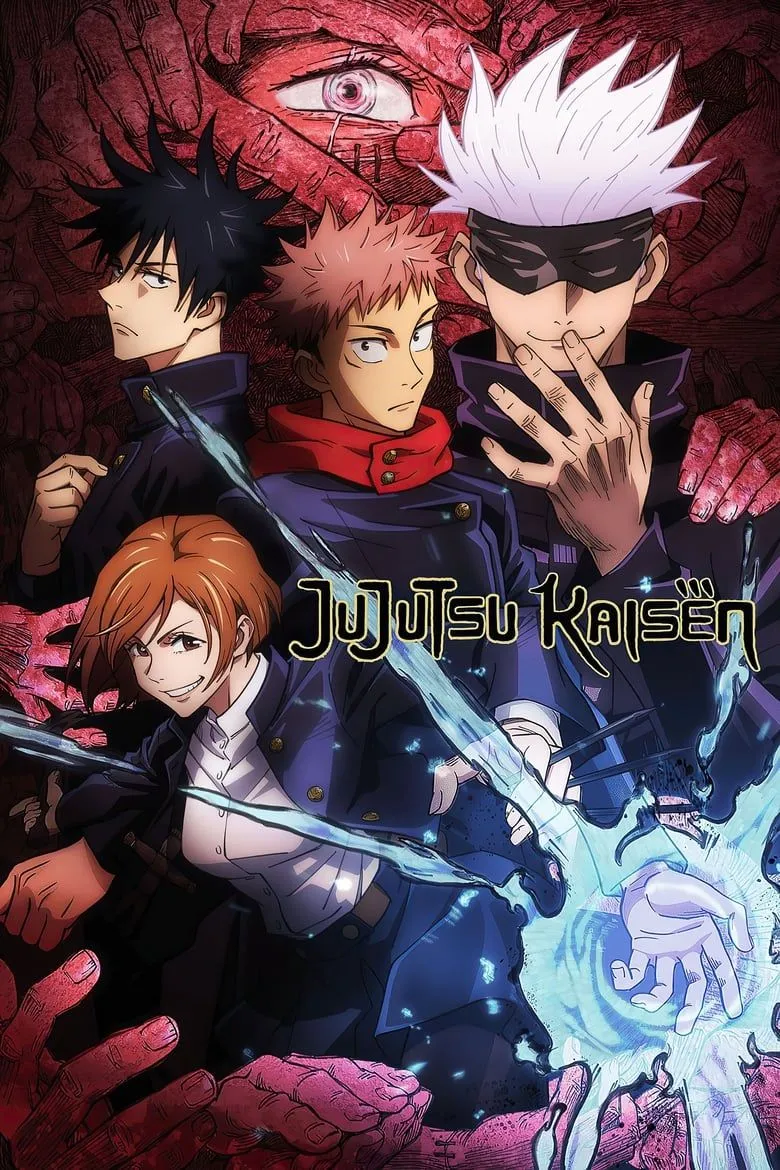 Poster chính thức của anime Jujutsu Kaisen, với các nhân vật trung tâm như Yuji Itadori và Satoru Gojo