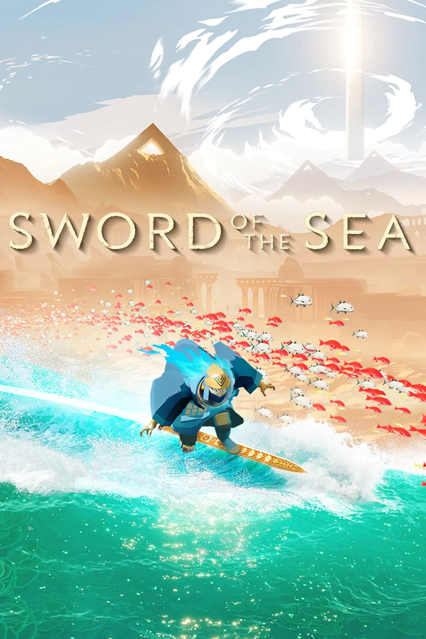 Poster game Sword of the Sea với nhân vật chính lướt trên cồn cát khô cằn
