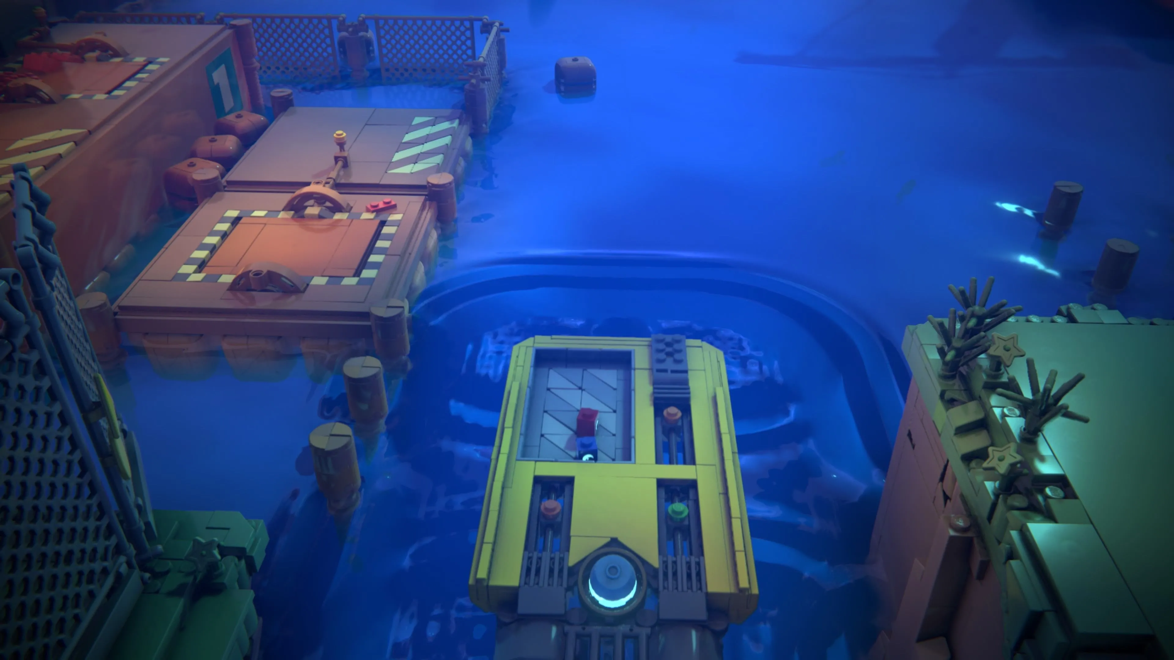 Red và Blue khám phá ao nước lớn để thu thập cầu chì trong LEGO Voyagers