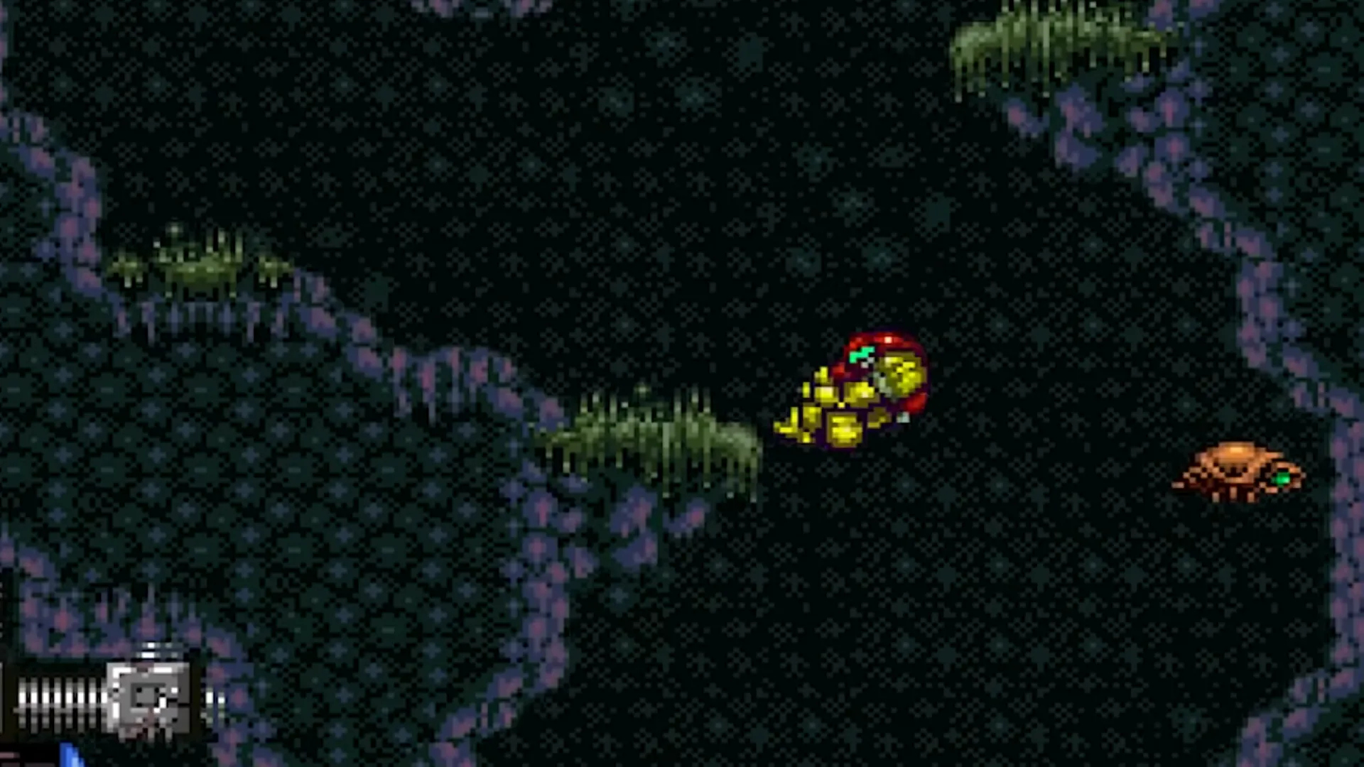 Samus Aran khám phá hành tinh Zebes trong gameplay của Super Metroid với đồ họa 16-bit