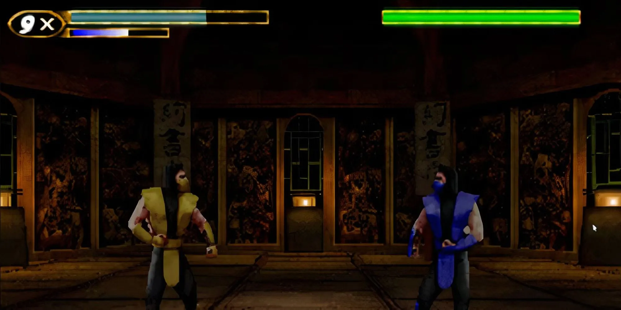 Sub-Zero trong Mortal Kombat Mythologies: Sub-Zero đối đầu kẻ thù trong một cảnh chơi beat 'em up màn hình ngang, đồ họa năm 1997.