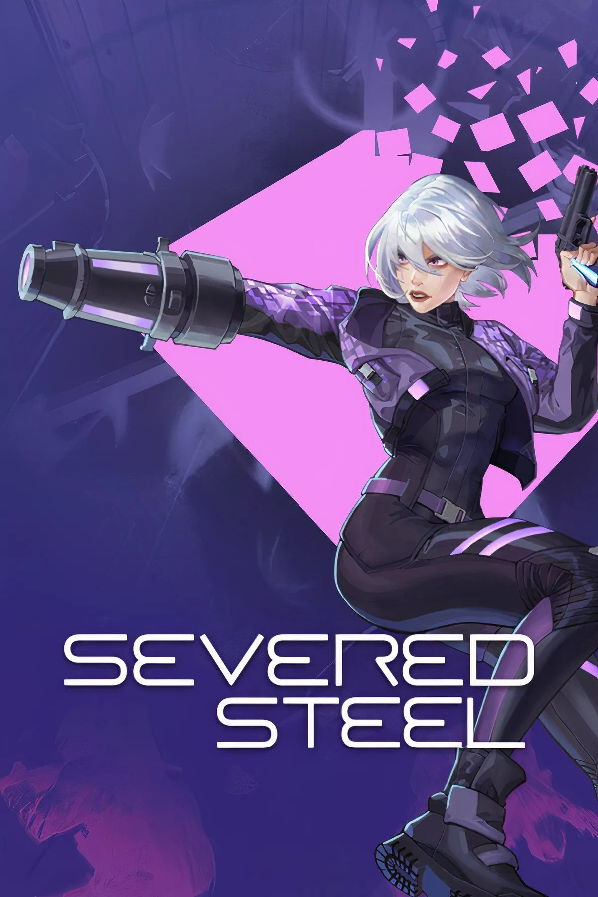 Tổng quan hình ảnh và thông tin chính về tựa game bắn súng Severed Steel, bao gồm logo và các cảnh hành động.