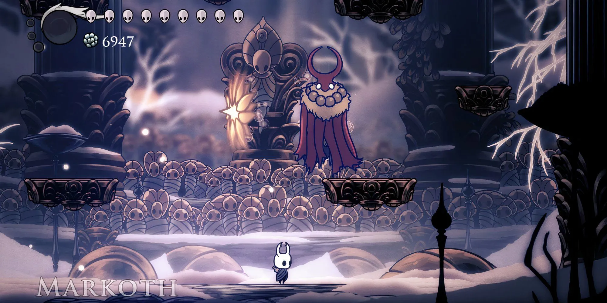 Trận chiến khó nhằn với boss Markoth trong đấu trường Godhome của Hollow Knight, minh họa sự đa dạng boss.