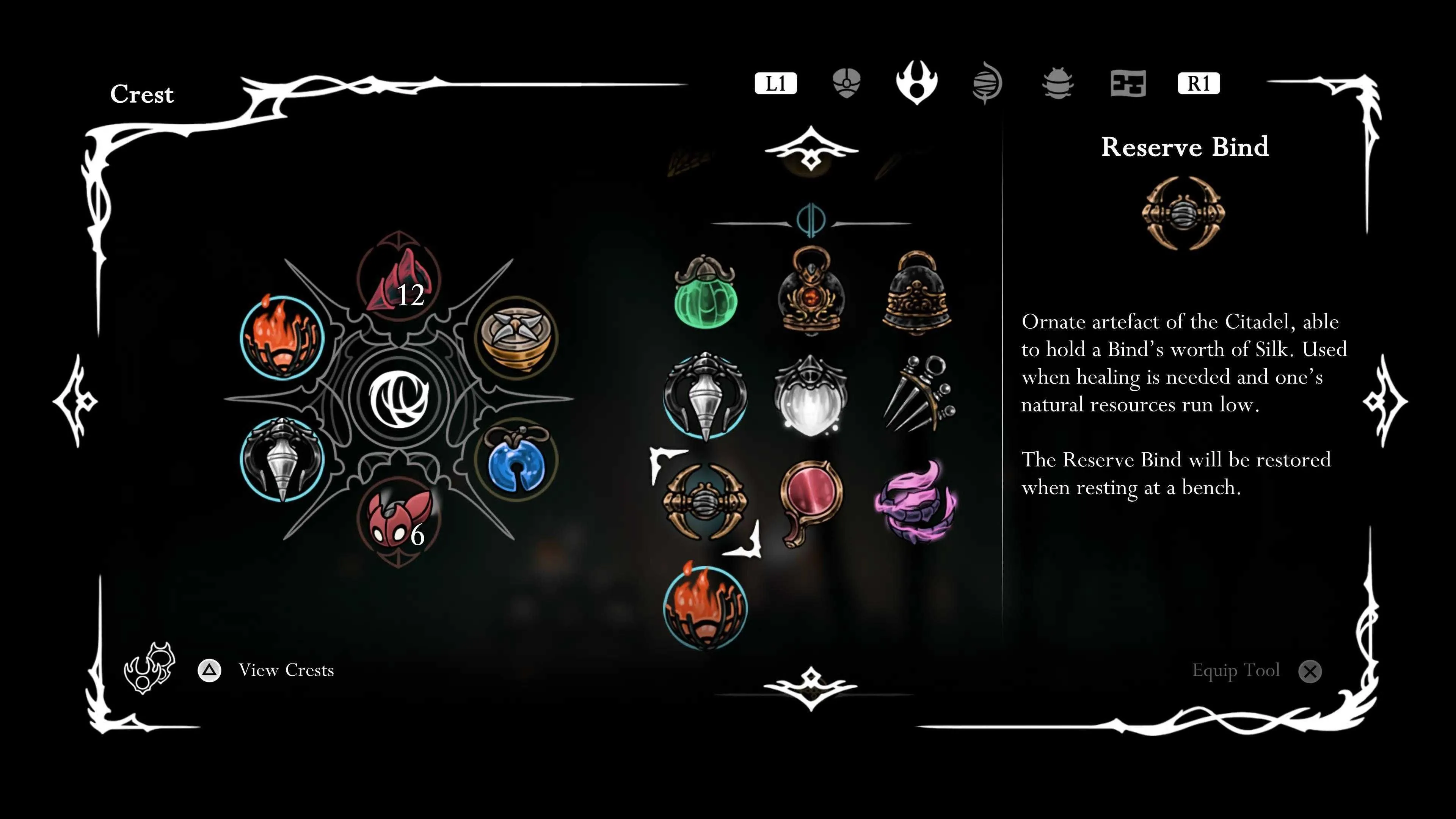 Vật phẩm Reserve Bind, công cụ hỗ trợ hồi phục Silk mạnh mẽ trong Hollow Knight Silksong