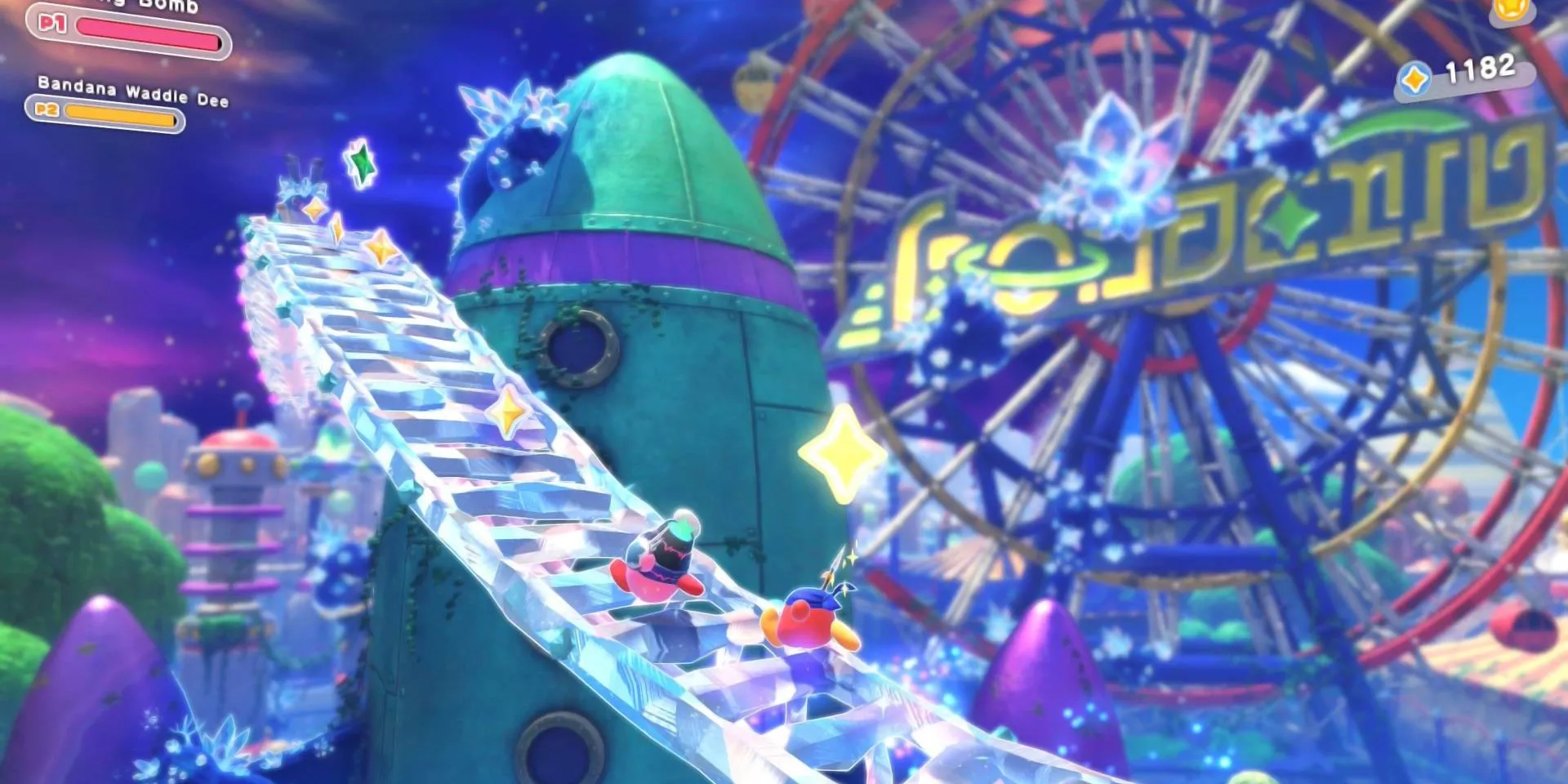 Vòng đu quay khổng lồ với hiệu ứng ánh sáng rực rỡ trong bối cảnh mộng mơ của Kirby Star-Crossed World