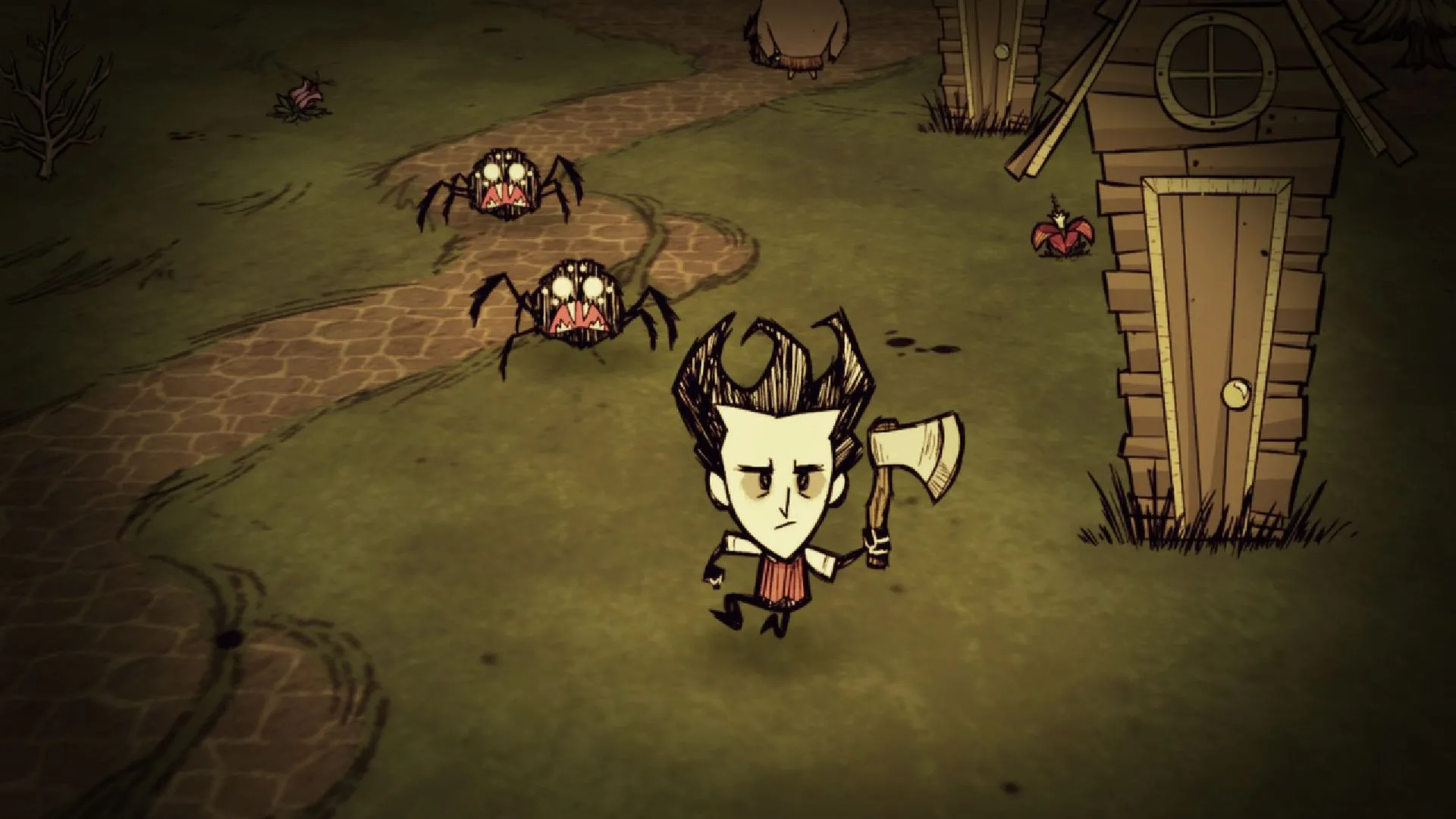 Wilson đứng cạnh lửa trại cô độc giữa màn đêm tối đen như mực trong Don't Starve, nơi bóng tối và những sinh vật vô hình luôn rình rập ngoài tầm chiếu sáng.
